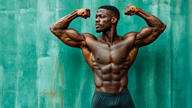 Muscular Black Man Posing Fitness Strength Bodybuilder Athlete Outdoors