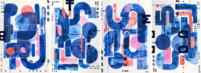 Abstract geometric composition in blue, pink, and orange with layered shapes, textures and digital typography. Modern artistic design with a dynamic, futuristic aesthetic. Vector illustration.
