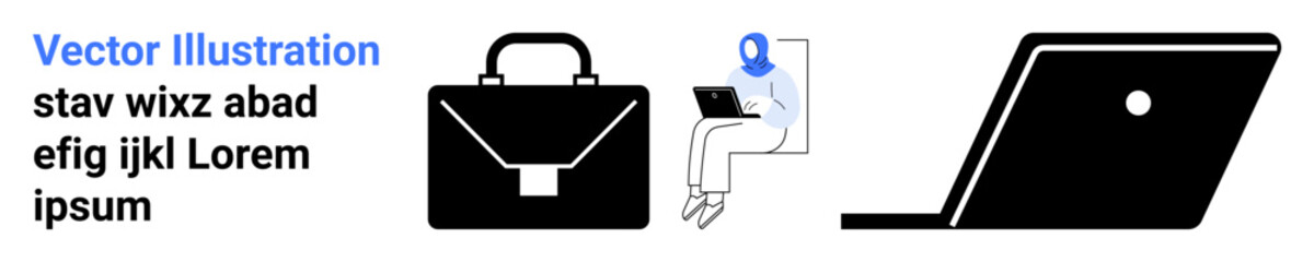 Briefcase, person working on laptop, and minimalist laptop emphasize productivity, professionalism, and digital workspaces. Ideal for office culture, job search, efficiency, remote work corporate