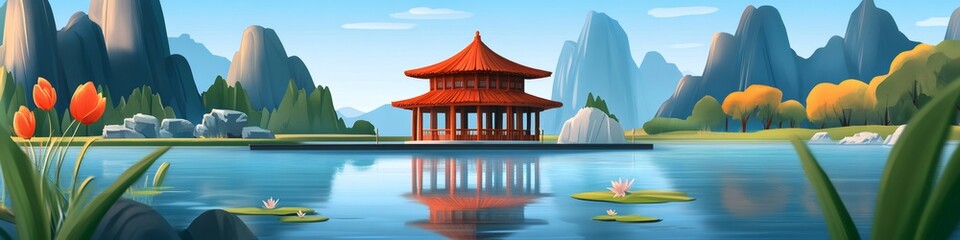Obraz premium Traditional asian pagoda reflecting on serene lake with mountains and flowers
