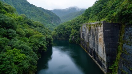 Fototapeta premium In a serene valley, clear emerald waters glide past steep, moss-covered cliffs. Lush greenery envelops the landscape while mist gently blankets the mountain tops, creating a tranquil atmosphere