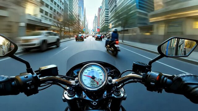 A first-person view of riding a motorcycle through a busy city street, with motion blur highlighting speed and excitement