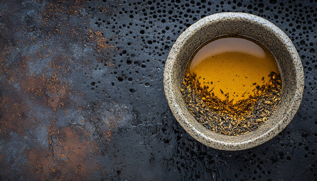 Dried rooibos tea in cstone bowl over black metal background, natural light