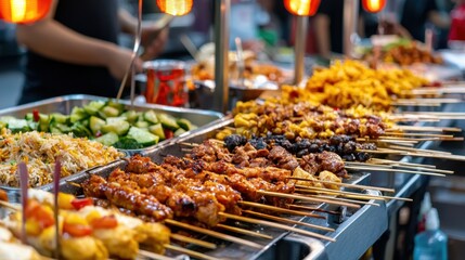 A bustling street food market showcases a variety of grilled meat skewers, fried rice, and fresh vegetables, attracting food lovers eager to taste delightful local cuisine