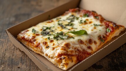 A rectangular pizza topped with melted cheese, fresh herbs, and tomato sauce is placed in a brown takeout box on a weathered wooden table, showcasing its appetizing appearance