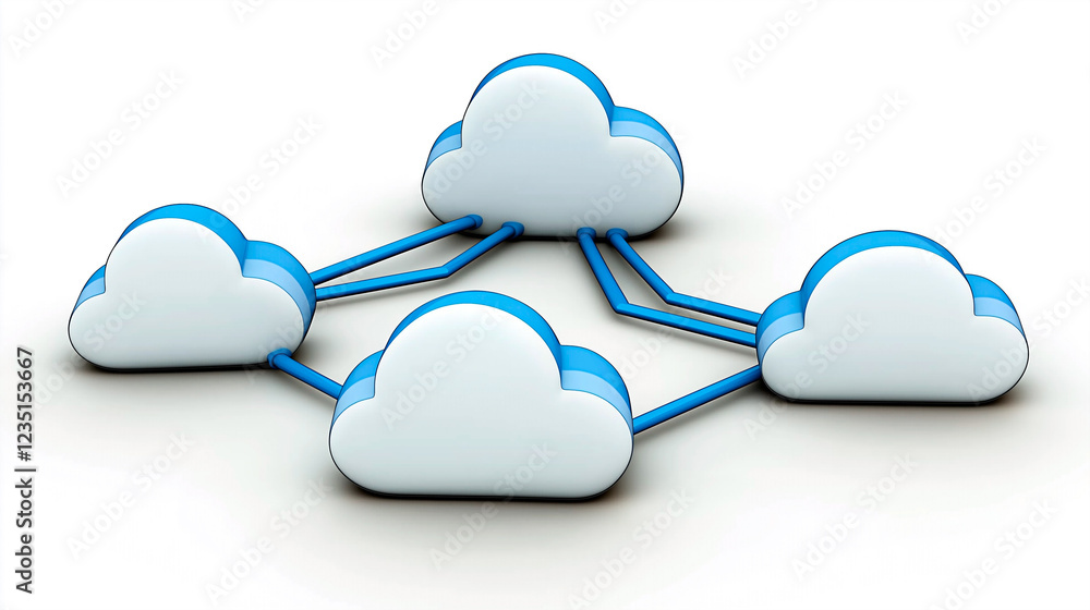 Poster a 3d style illustration of interconnected cloud symbols representing cloud computing and data storag
