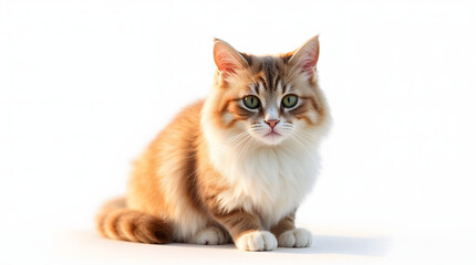 Beautiful fluffy ginger and white cat with green eyes sitting on a white background, looking curious and elegant