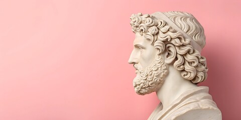Fototapeta premium Side profile of an ancient Greek marble bust with intricate curly hair, set against a soft pink background. Aesthetic minimalism with copy space for design or text.