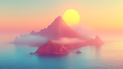 Fototapeta premium Misty Mountains Sunrise Over Calm Ocean Waters