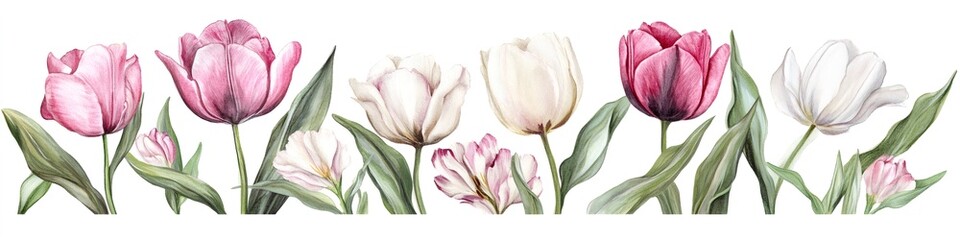 Fototapeta premium Watercolor tulips and freesia flowers creating a delicate floral border