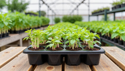 Seedling tray thriving in greenhouse, symbolizing fresh growth