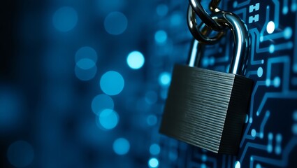 padlock  silver chain  circuit board background