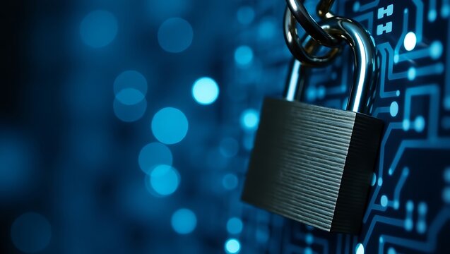 padlock  silver chain  circuit board background