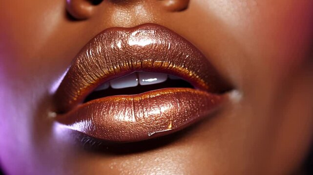 Glossy close-up African American woman lips emphasizing glamour shiny, gold makeup on dark skin, revealing radiant beauty and cosmetic elegance fashion Mocha Mousse video 4k