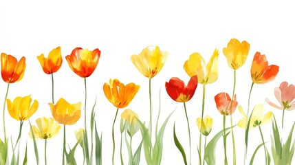 Fototapeta premium Watercolor painting of vibrant yellow and orange tulips on white background
