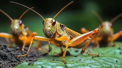 A brown bug with a yellow head is standing on a leaf