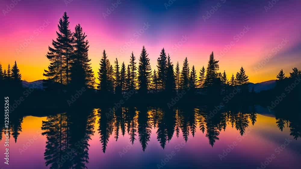 Poster Vibrant sunset reflection over a calm lake lined with pine trees in a serene natural setting