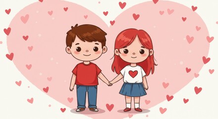 A cartoon illustration two young children holding hands in front of a large pink heart the background is filled with small pink hearts creating a romantic atmosphere young love valentine's day