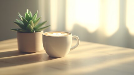 Minimalist coffee cup on wooden desk next to small plant for marketing campaigns