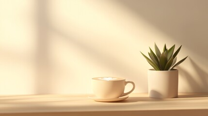 Minimalist coffee cup on wooden desk with potted plant for marketing campaigns