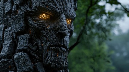 A towering stone figure with intricate carvings and glowing eyes stands in a dense forest. The atmosphere is mystical, shrouded in mist and illuminated by fading light