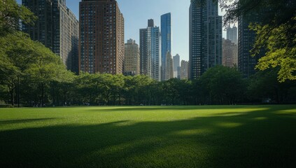 Obraz premium Urban Oasis: Skyscrapers and Serene Green Park