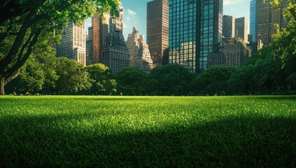 Fototapeta premium Urban Oasis: Serene Green Meadow Against City Skyline