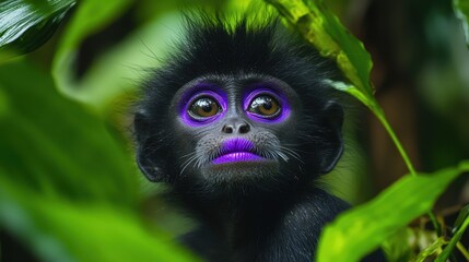 Obraz premium A captivating black monkey with vibrant purple markings gazes curiously from within dense greenery in a tropical rainforest, showcasing its distinctive appearance in natural light