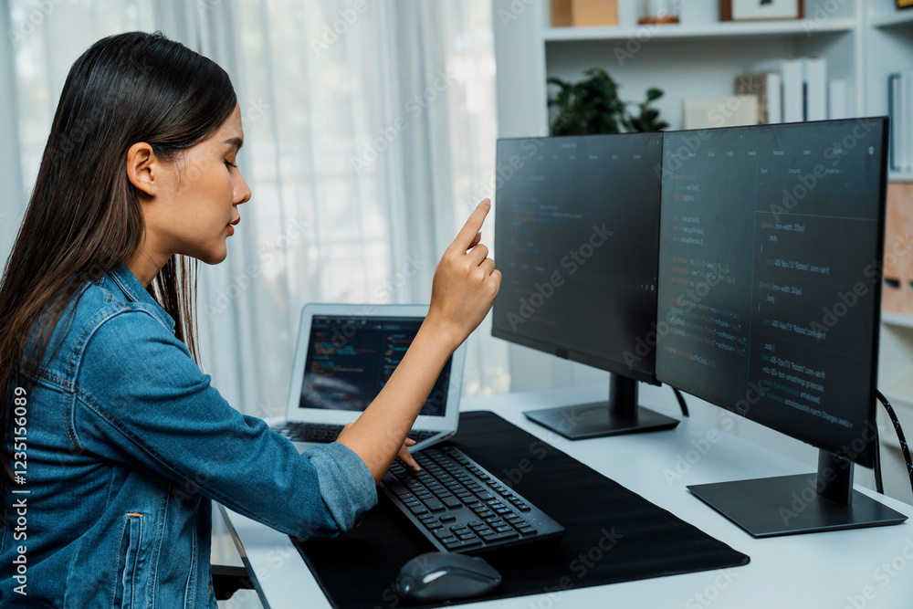 Poster young asian girl of it developer pointing online information on pc with coding program data applicat