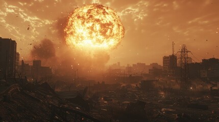 A massive explosion illuminates a cityscape, casting an orange glow over the destroyed buildings and debris. Smoke rises as a cataclysmic event transforms the skyline