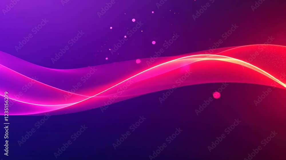 Poster abstract particle wave of glowing dots flowing across a vibrant background in purple and red shades 