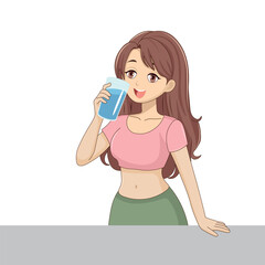 Cartoon girl drinks water from a glass, a healthy lifestyle, isolated on a white, flat style