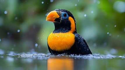 Obraz premium A bird is in the water, with its head sticking out of the water