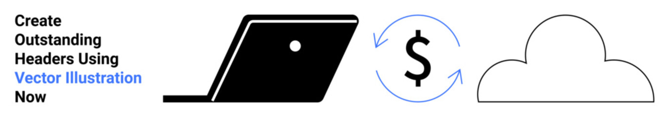 Laptop, dollar sign with circular arrows, cloud. Ideal for online payments, cloud services, financial tech, digital banking, data storage, software-as-a-service abstract line flat metaphor