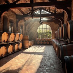 Wine barrels in the cellar of a winery. 3d render