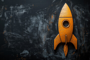 A pencil-drawn rocket taking off on a chalkboard background with copy space for text
