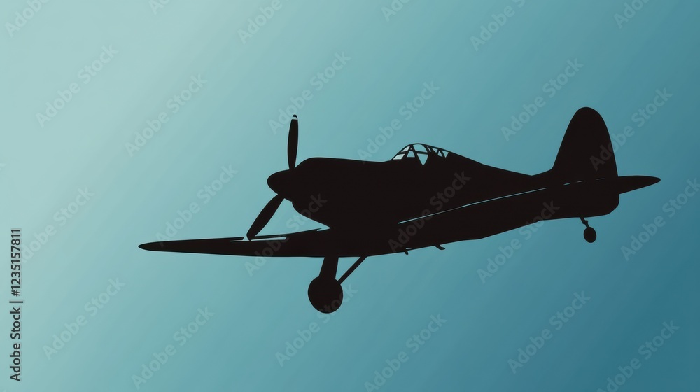 Poster silhouette of an airplane soaring against a serene blue background during twilight hours. generative