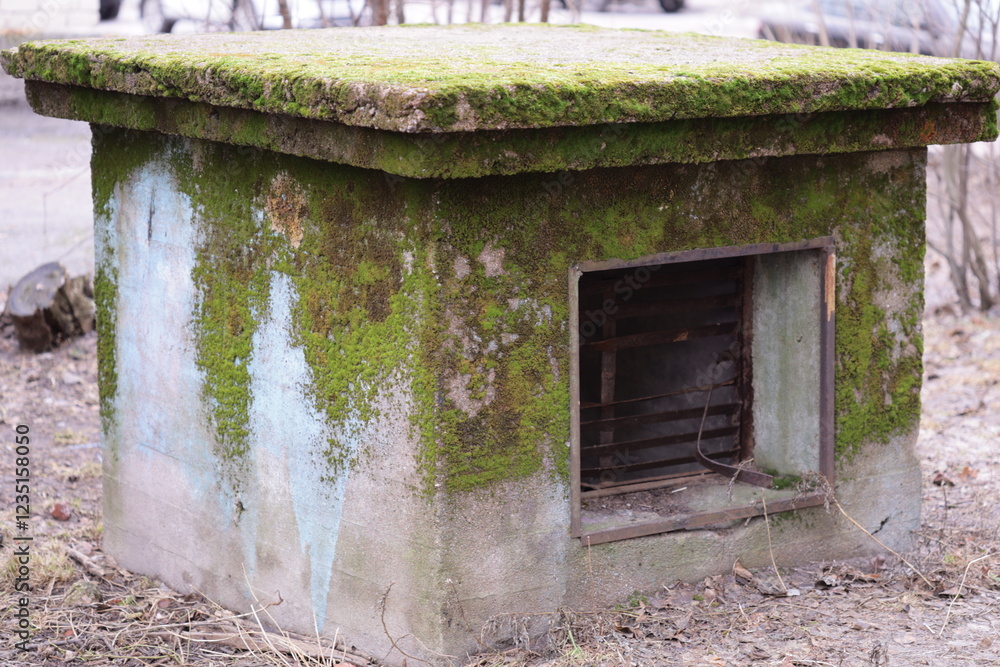 Aufkleber A small concrete structure with moss growing on the roof, ideal for use in architecture or design illustrations.