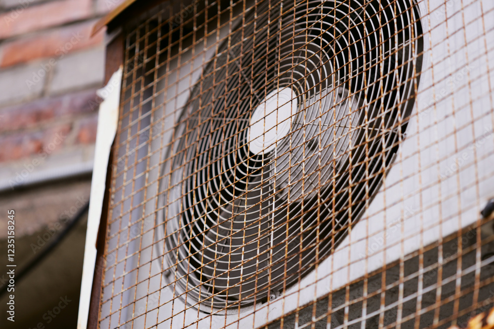 Poster A detailed view of a fan on the side of a building, perfect for use in urban or architecture-themed designs.