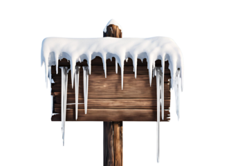 Snow-Capped Wooden Signboard with Icicles Hanging from the Edges, Set Against a Winter Wonderland Background – Perfect for Seasonal or Holiday-Themed Projects