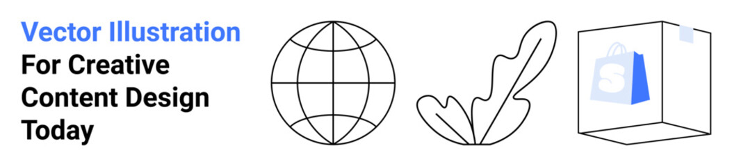 Globe symbolizing connectivity, abstract leaf highlighting eco-focus, shopping bag representing online commerce. Ideal for technology, nature, e-commerce, marketing, globalization, branding flat