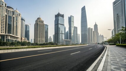 Obraz premium Empty asphalt road passing through the heart of a modern city amidst towering skyscrapers and office buildings, urban sprawl, empty road, modern cityscape, steel and glass, skyscraper
