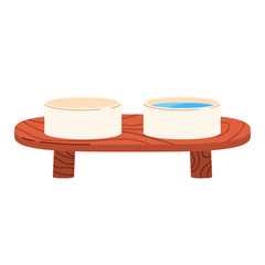 Pet bowls with wooden stand. Pet furniture for feeding dogs and cats. Vector illustration in cartoon style. Isolated white background
