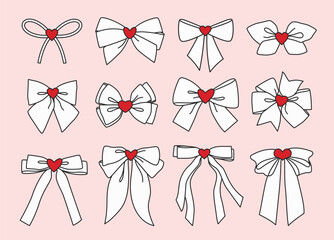 12 simple hand drawn white decorative holiday ribbon bows for gifts, to decorate present. Bow with knot red heart for gift wrapping for birthday, Valentine's day. Isolated Flat Vector element EPS10