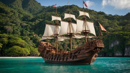 An antique wooden galleon ship with multiple sails, adorned with intricate carvings, sailing through a calm tropical bay, surrounded by lush green islands