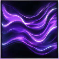 A modern digital artwork capturing fluid, elegant waves of luminous violet light cascading over a sleek, dark surface