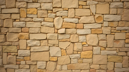 Obraz premium Rustic Beige Sandstone Wall Texture Background: Irregular Stone Blocks, Natural Building Material, Architectural Design Element