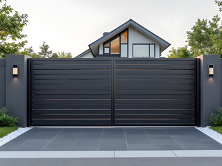 Automatic gate, modern design, gray color, residential entrance, security system, intercom panel, sleek appearance, metal construction, sliding mechanism, outdoor setting, contemporary style, urban en