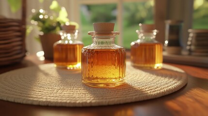Amber bottles on woven placemat by window, sunny room