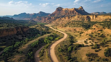 Aerial view of a winding desert road in Utah. 